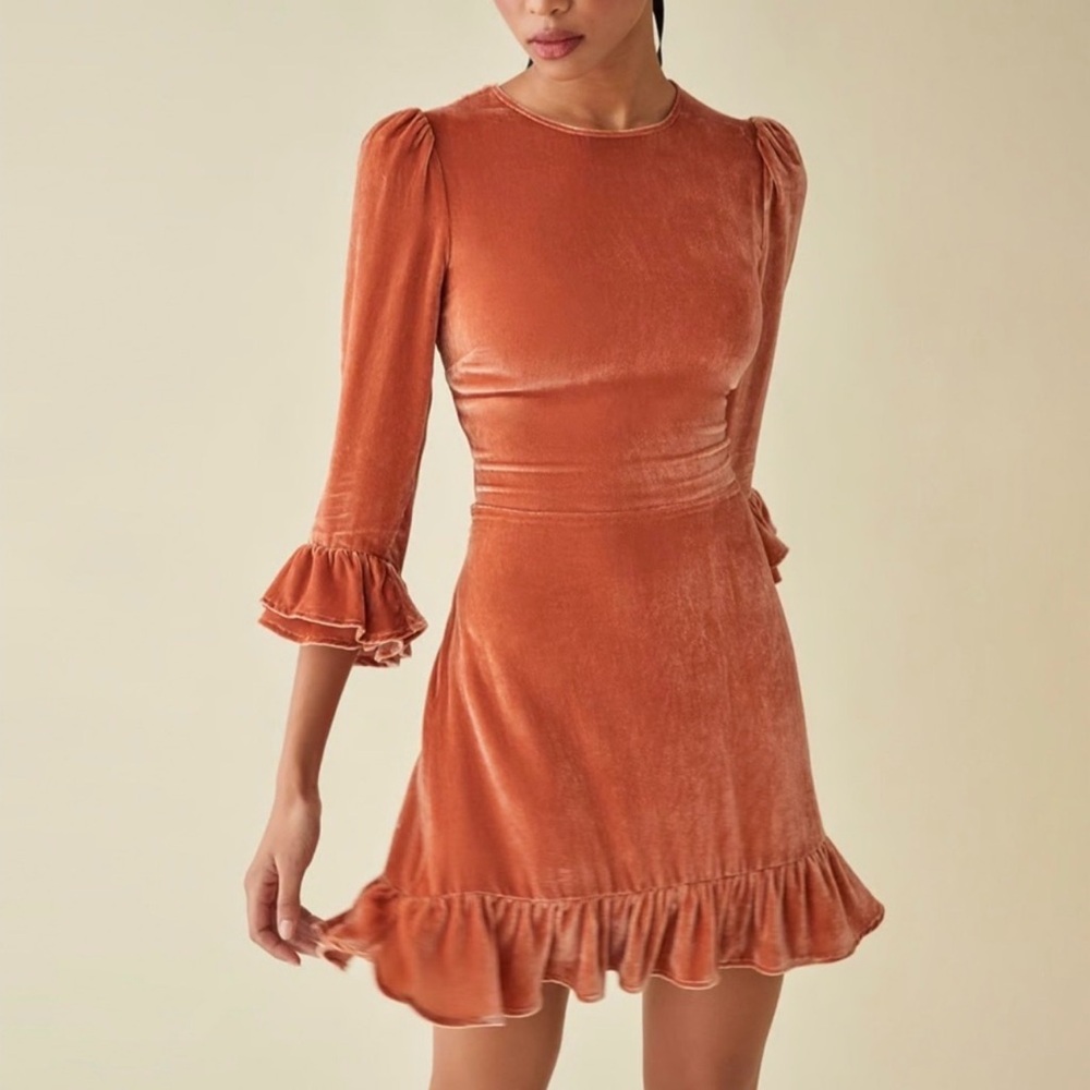 Reformation Mountain Mini Velvet Long Sleeve Dress in Salmon